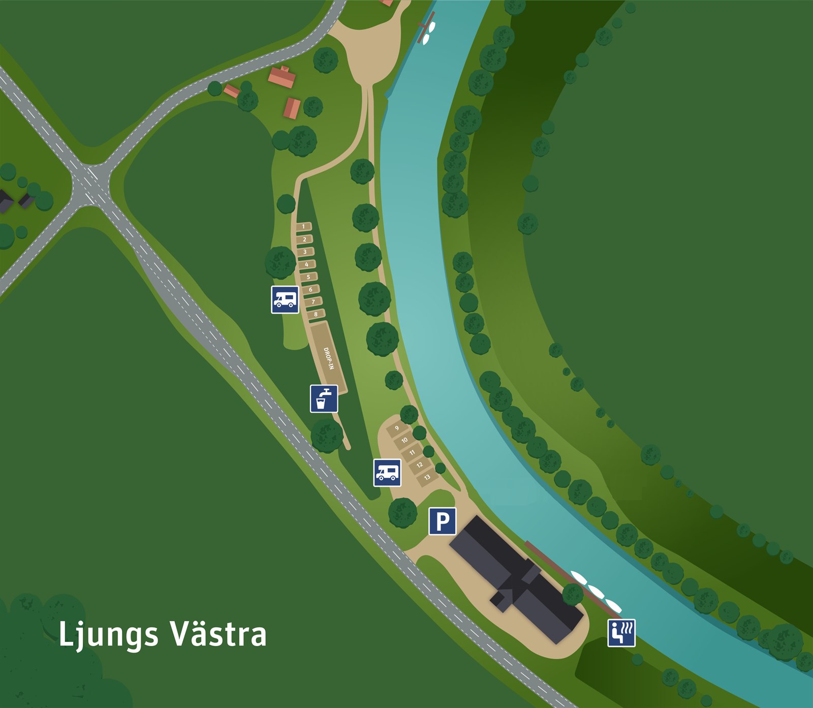 Karta över ställplatsområdet vid Ljungs Västra Bro 1 — numrerade platser 1–8 och 9–13 i två zoner, med den onumrerade drop-in-remsan emellan